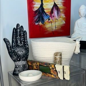 Woven Basket with Hamsa Hand Protection/Strength & Incense, Holder & Sage NWT